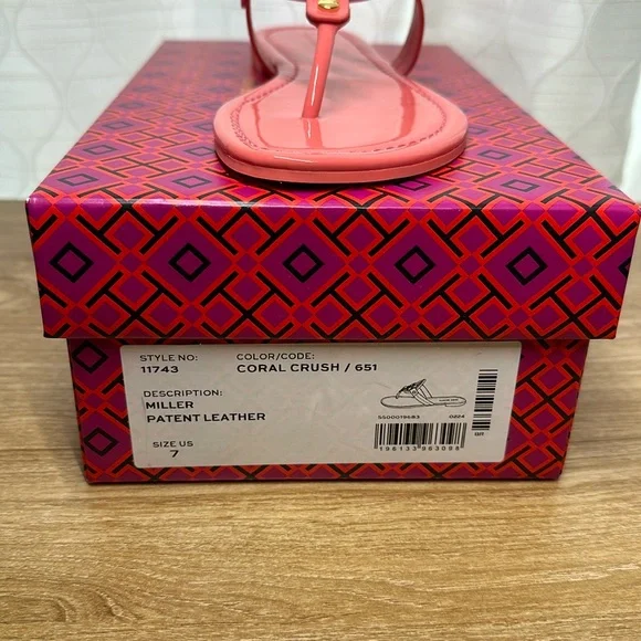 New Tory Burch Women Miller Patent Leather Sandals Coral Crush , Size # Various - Picture 2 of 8